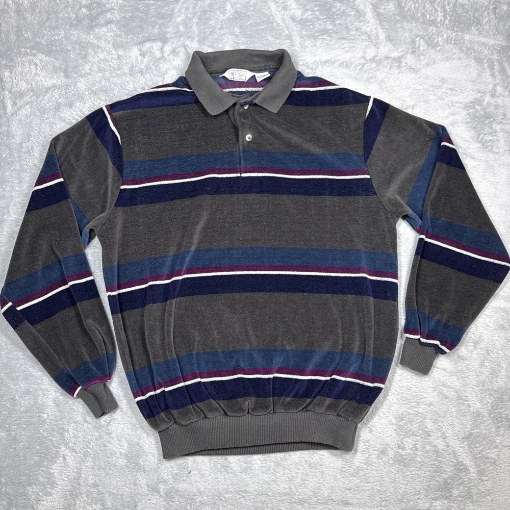 Vintage Sears Men's Polo Long Sleeve Shirt Men Large Gray Stripe Velour Rugby